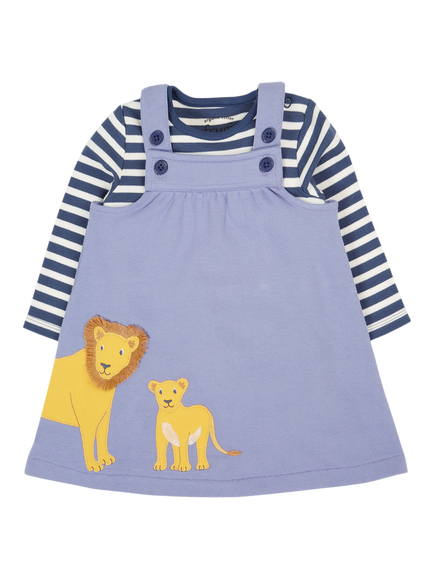 Frugi Baby Pippa Organic Cotton Pinafore and Long Sleeve T-Shirt Set, Navy Str/Grape/Lion
