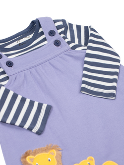 Frugi Baby Pippa Organic Cotton Pinafore and Long Sleeve T-Shirt Set - view 2, Navy Str/Grape/Lion
