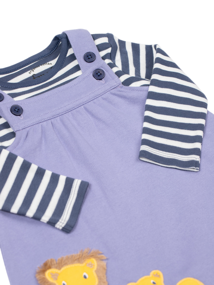Frugi Baby Pippa Organic Cotton Pinafore and Long Sleeve T-Shirt Set - view 2, Navy Str/Grape/Lion