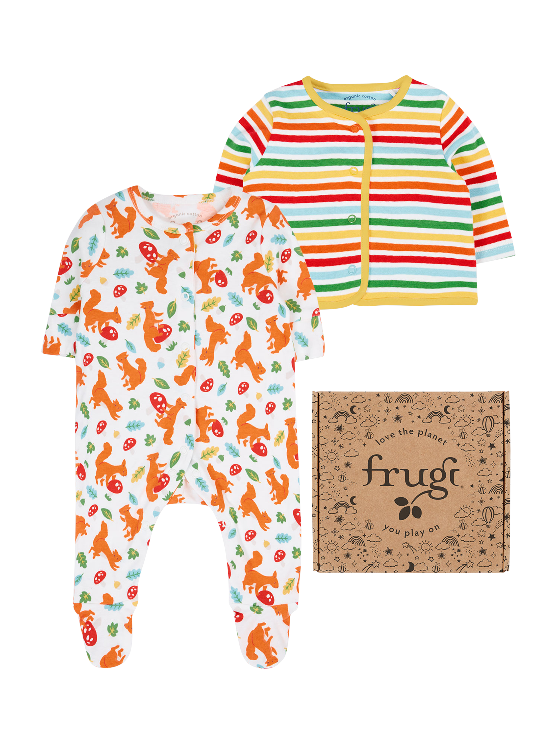 Product image 1 of 5, which shows Frugi Baby Scrumptious Babygrow & Cardigan Set, Squirrel Friends, 0-3 months