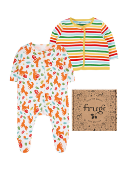 Frugi Baby Scrumptious Babygrow & Cardigan Set, Squirrel Friends, Squirrel Friends