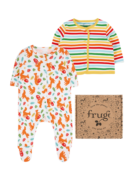 Frugi Baby Scrumptious Babygrow & Cardigan Set, Squirrel Friends, Squirrel Friends