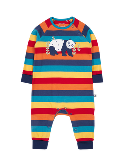 Frugi Baby Rowan Organic Cotton Rainbow Stripe Romper, Rainbow Stripe/Panda