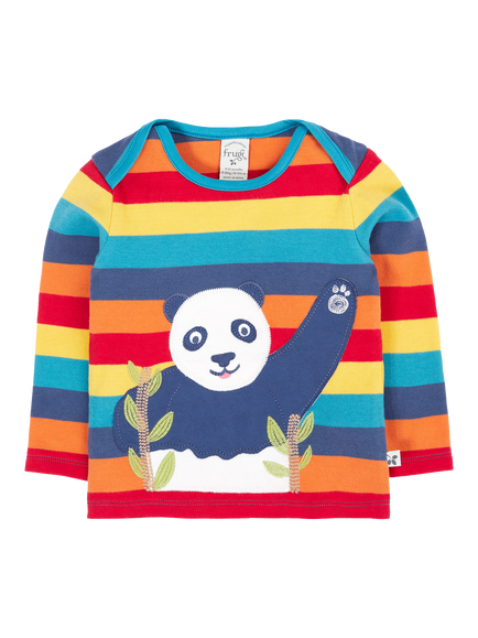 Frugi Baby Cotton Bobby Applique Long Sleeved T-Shirt, Rainbow Stripe/Panda, Rainbow Stripe/Panda