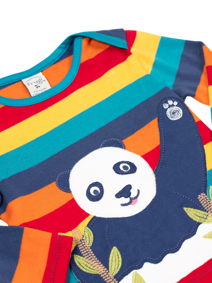 Frugi Baby Cotton Bobby Applique Long Sleeved T-Shirt, Rainbow Stripe/Panda - view 2, Rainbow Stripe/Panda