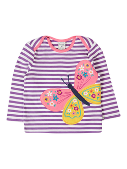 Frugi Baby Cotton Bobby Applique Long Sleeved T-Shirt, Violet/Butterfly, Violet/Butterfly