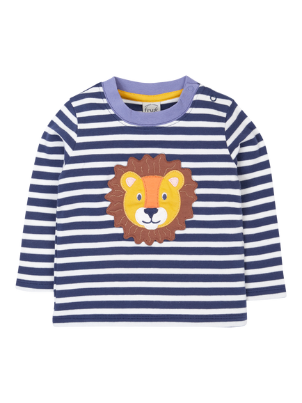 Frugi Kids' Cotton Discovery Applique Long Sleeved T-Shirt, Navy Stripe/Lion, Navy Stripe/Lion