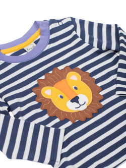 Frugi Kids' Cotton Discovery Applique Long Sleeved T-Shirt, Navy Stripe/Lion - view 2, Navy Stripe/Lion