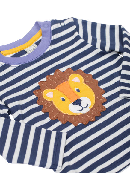 Frugi Kids' Cotton Discovery Applique Long Sleeved T-Shirt, Navy Stripe/Lion - view 2, Navy Stripe/Lion