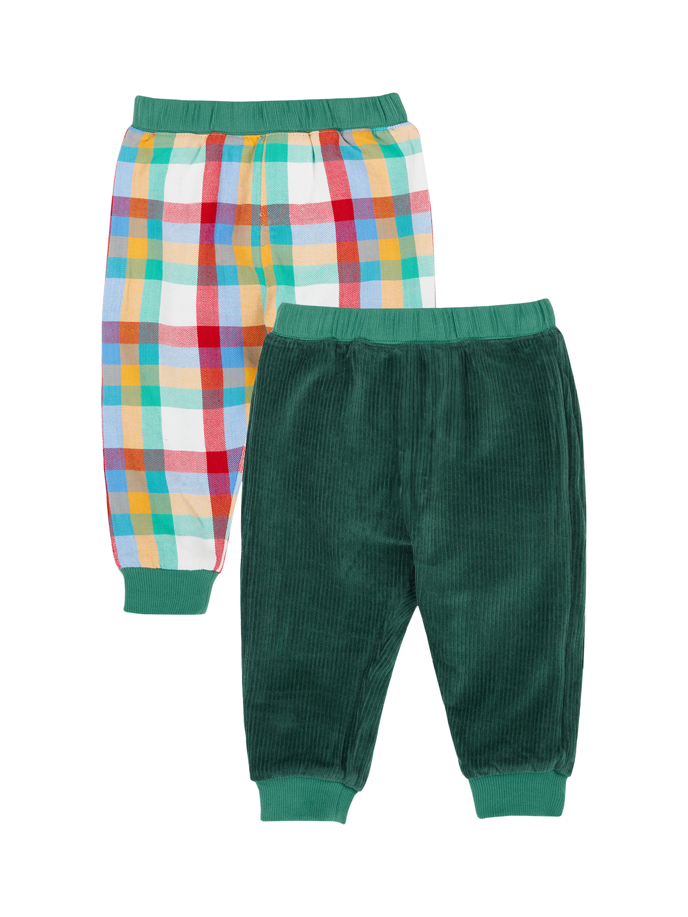 Product image 1 of 5, which shows Frugi Baby Ronnie Organic Cotton Reversible Pull Up Joggers, Holly Green/Check, 0-3 months