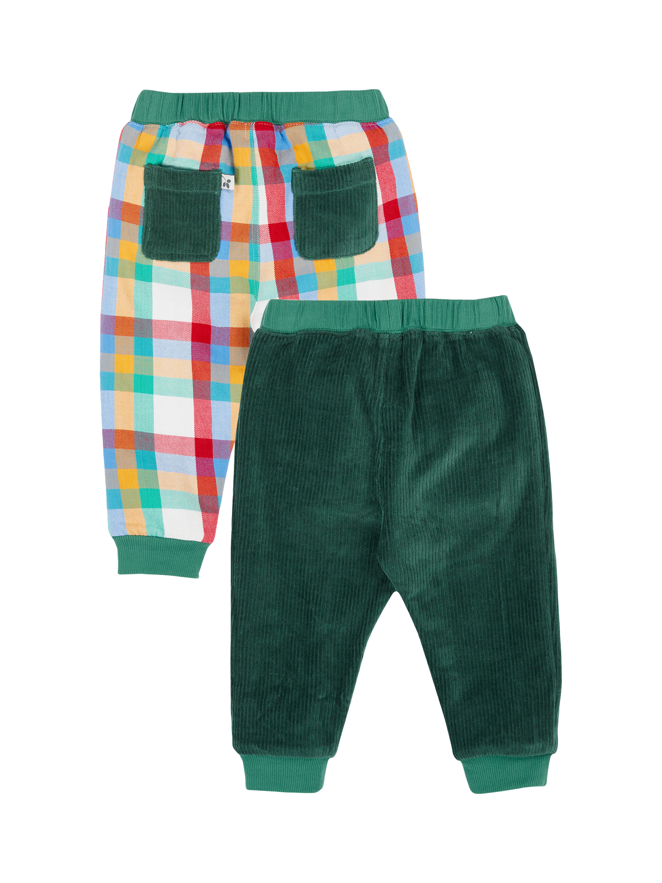 Product image 2 of 5, which shows Frugi Baby Ronnie Organic Cotton Reversible Pull Up Joggers, Holly Green/Check, 0-3 months
