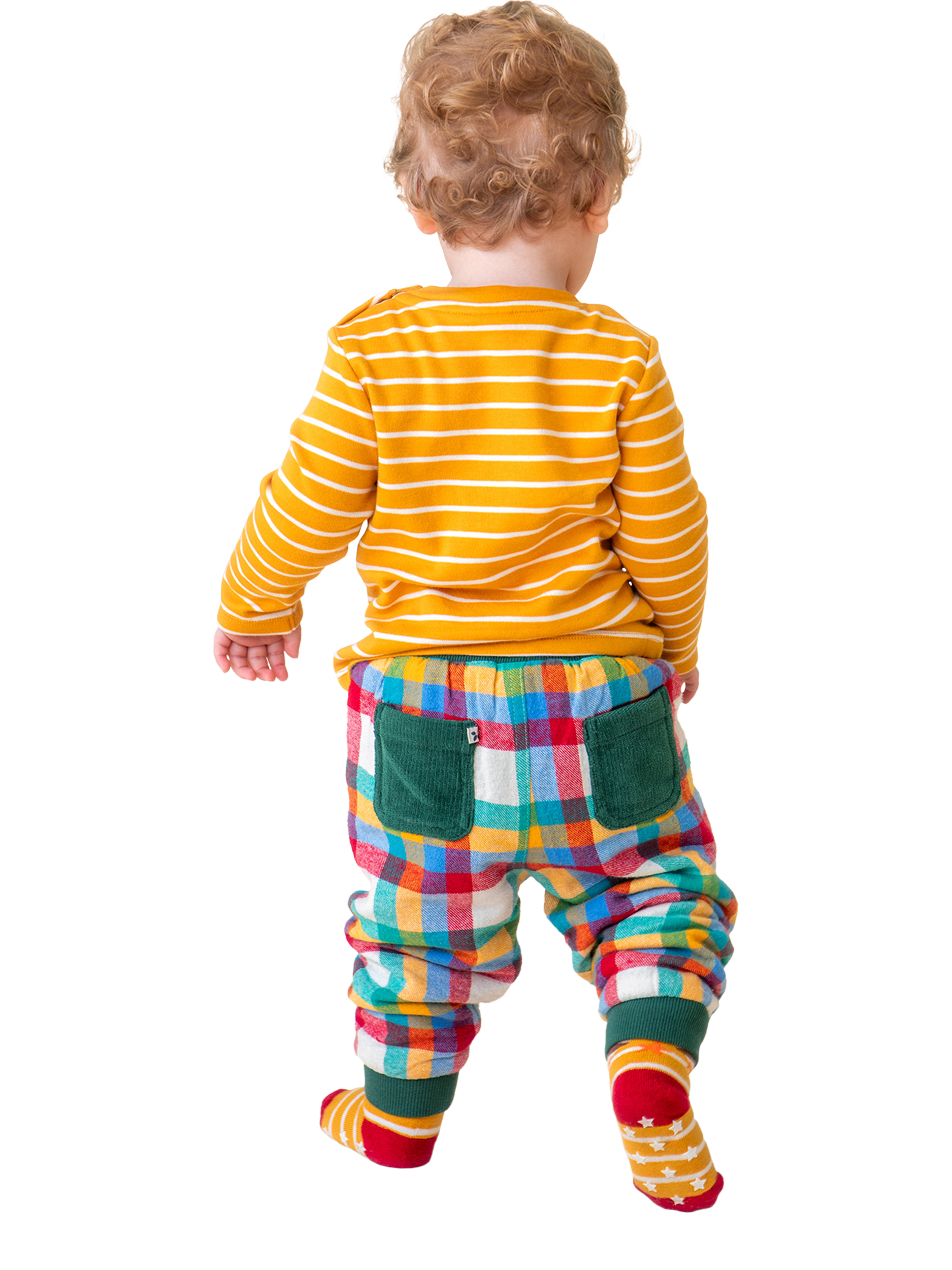 Product image 5 of 5, which shows Frugi Baby Ronnie Organic Cotton Reversible Pull Up Joggers, Holly Green/Check, 0-3 months