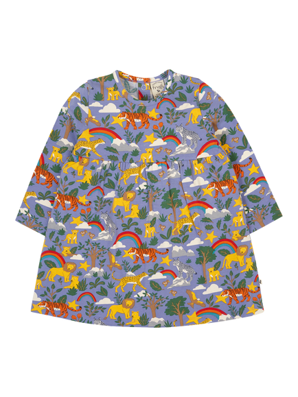 Frugi Kids' Dee Cotton Blend Long Sleeved Dress, Grape Into The Wild, Grape Into The Wild