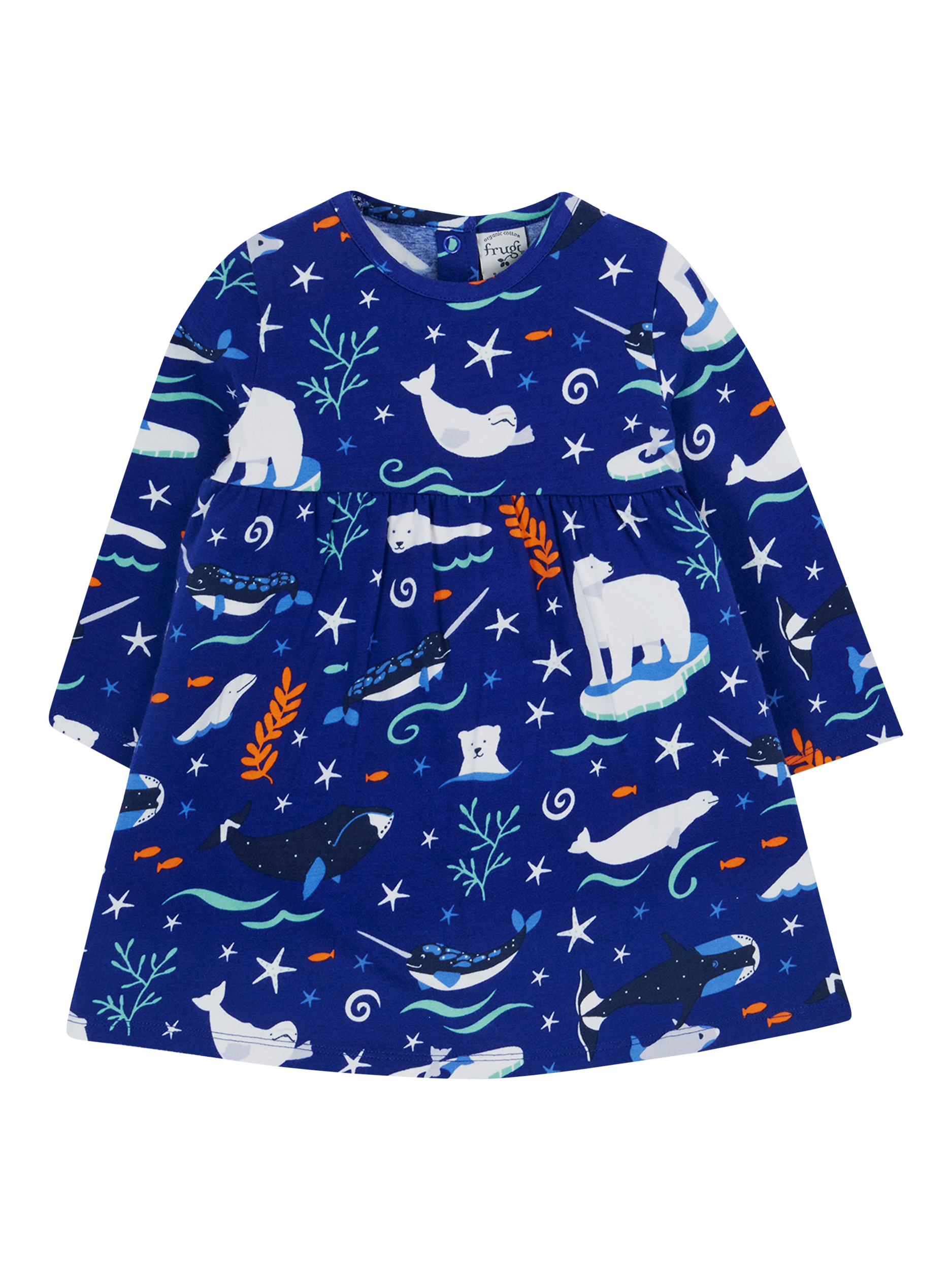 Product image 1 of 3, which shows Frugi Baby Dee Dress, Wild Arctic, 0-3 months