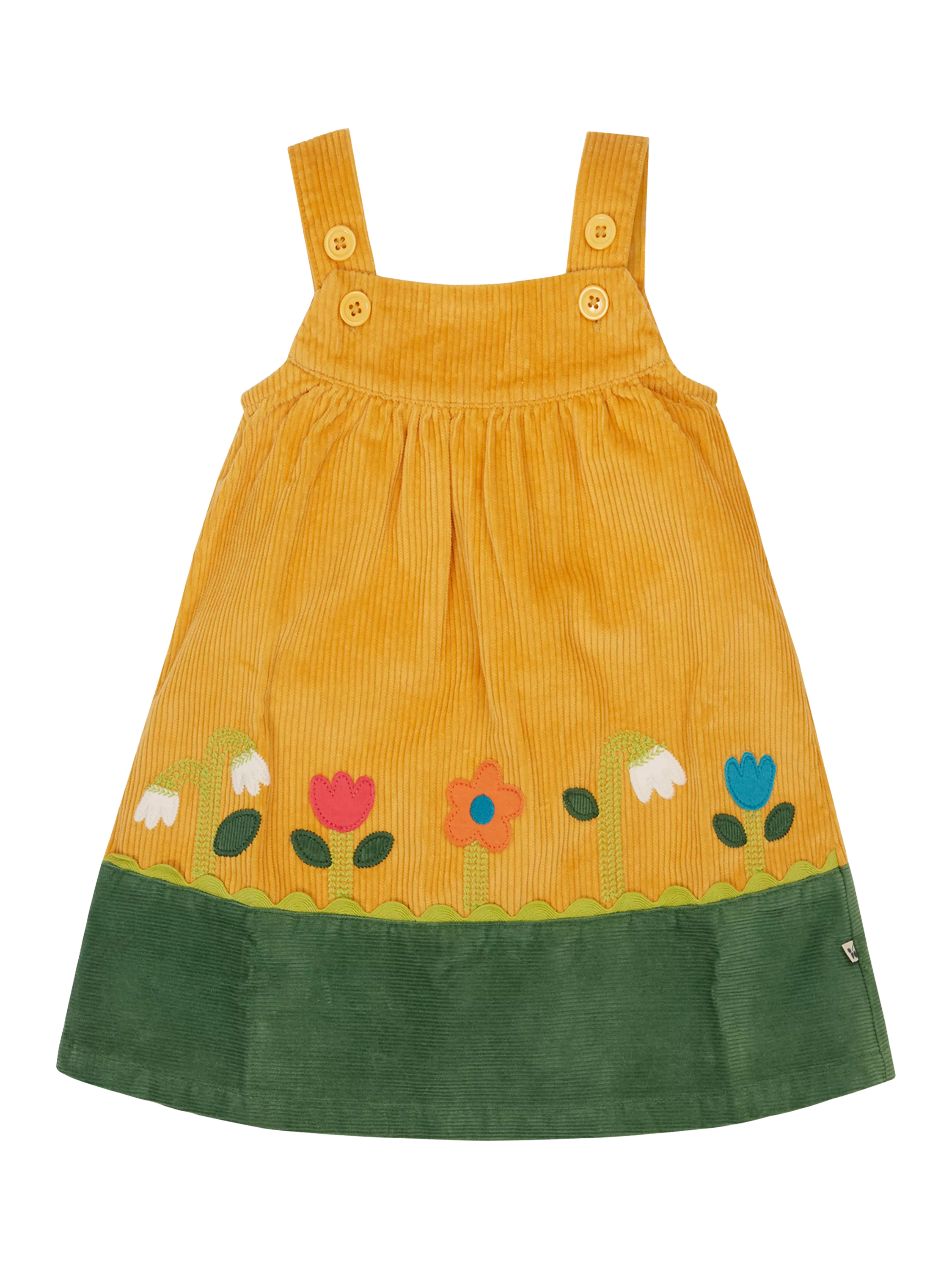 Frugi Kids' Nellie Cotton Pinafore Dress, Gold/Flowers