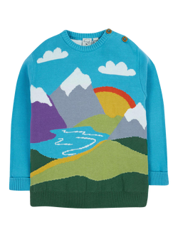 Frugi Kids' Elwood Cotton Knitted Jumper, Blue/Mountain Scene, Blue/Mountain Scene
