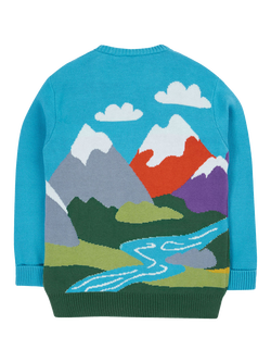 Frugi Kids' Elwood Cotton Knitted Jumper, Blue/Mountain Scene - view 2, Blue/Mountain Scene