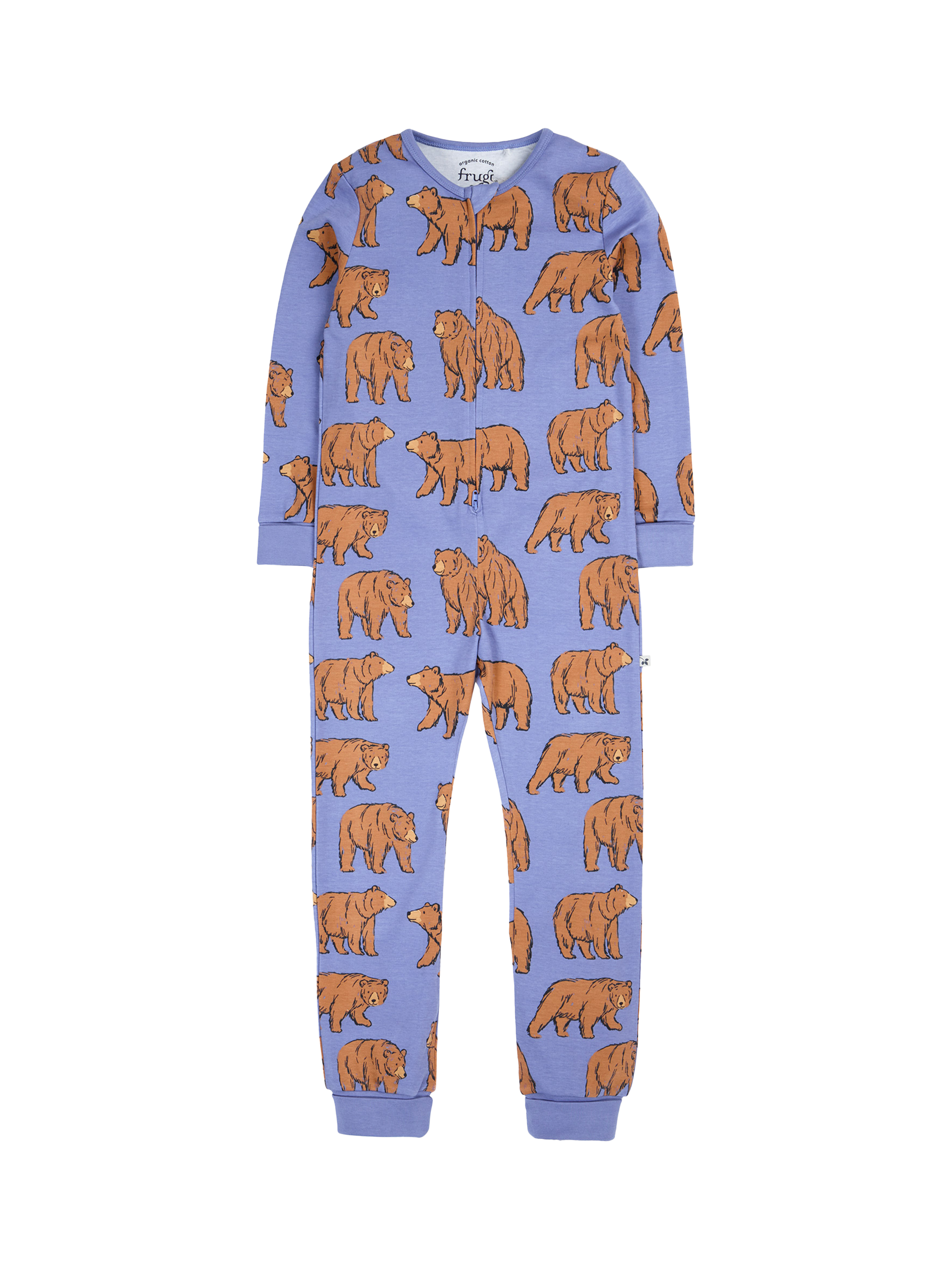 Product image 1 of 5, which shows Frugi Kids' Zelah Zip Up Sleepsuit, Grape Beary Wild, 0-3 months