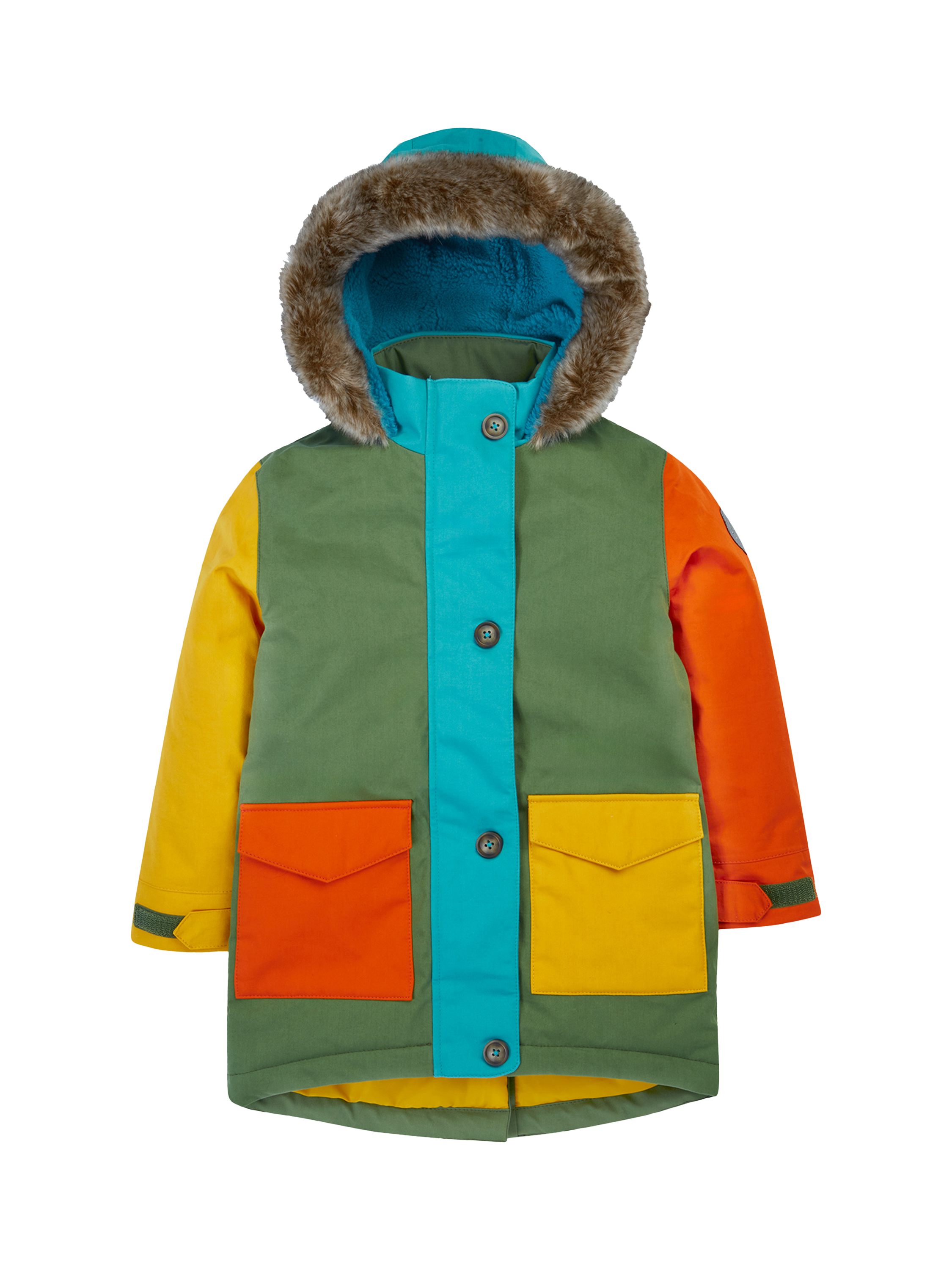Product image 1 of 9, which shows Frugi Kids' Penhale Fleece Lined Parka Coat, Multi, 10-11 years