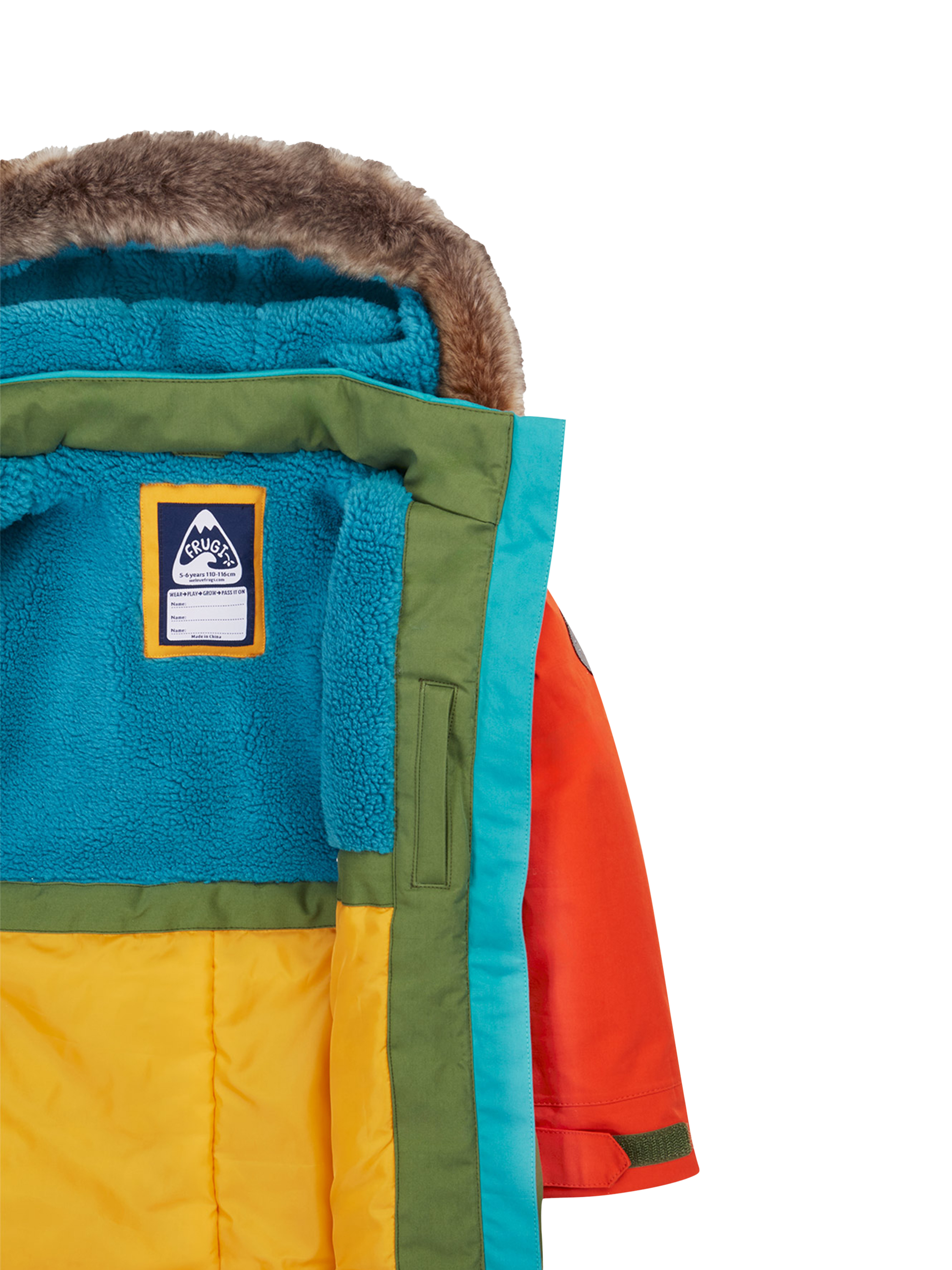 Product image 5 of 9, which shows Frugi Kids' Penhale Fleece Lined Parka Coat, Multi, 10-11 years
