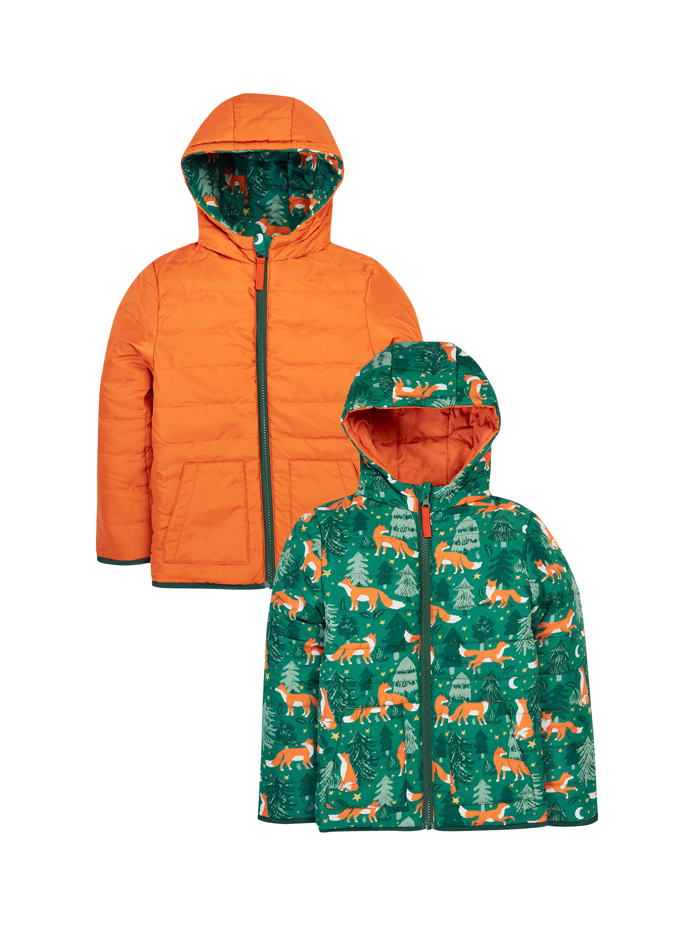 Product image 1 of 6, which shows Frugi Kids' Reversible Toasty Trail Jacket, Woods Fox/Squirrel, 1-2 years