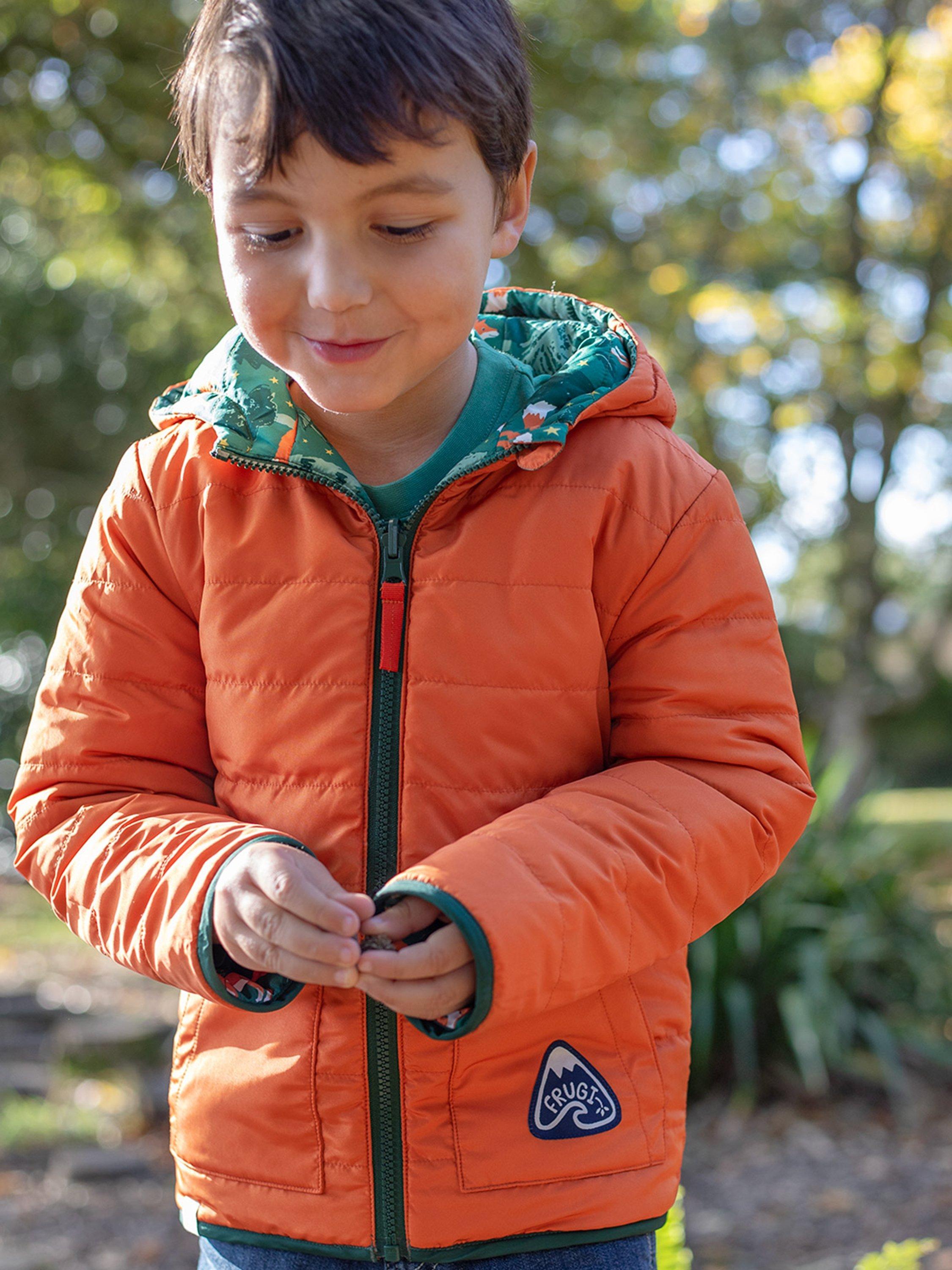 Product image 4 of 6, which shows Frugi Kids' Reversible Toasty Trail Jacket, Woods Fox/Squirrel, 1-2 years