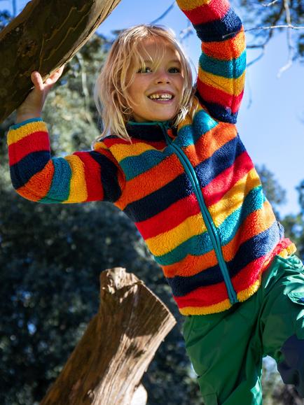 Frugi Kids' Zipped Teddy Fleece Jacket, Autumn Stripe - view 2, Autumn Stripe
