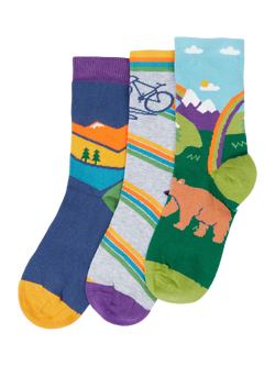 Frugi Kids' Rock My Adventure Socks, Pack of 3, Multi, Multi