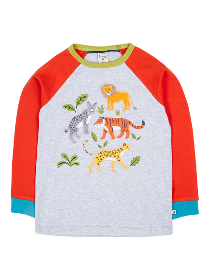 Frugi Kids' Jake Cotton Long Sleeved Top, Grey Marl/Big Cats, Grey Marl/Big Cats