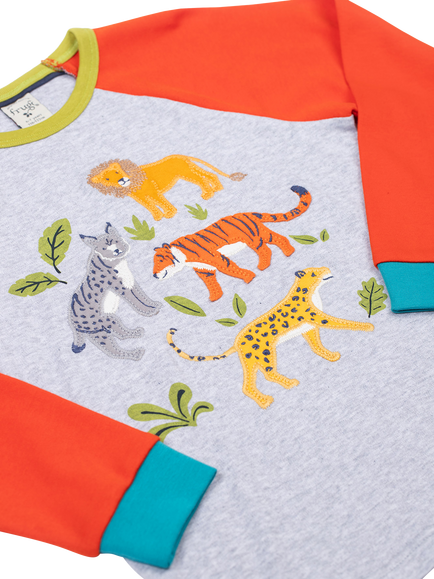 Frugi Kids' Jake Cotton Long Sleeved Top, Grey Marl/Big Cats - view 2, Grey Marl/Big Cats
