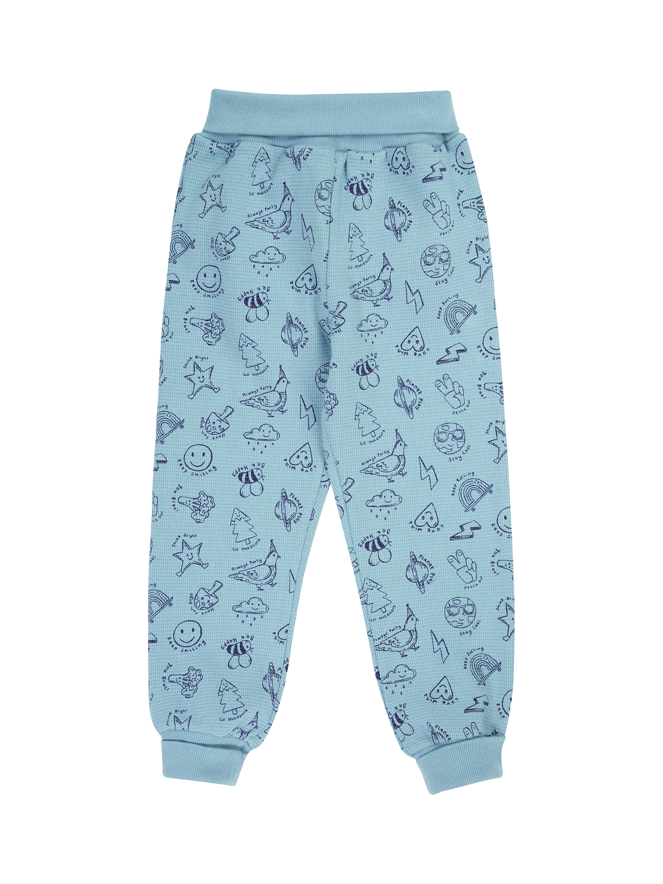 Product image 1 of 2, which shows Frugi Kids' Waffle Cotton Printed Joggers, Blue, 3-6 months