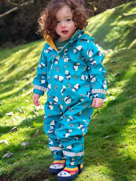 Frugi Kids' Printed Puddle Buster Waterproof Suit, Panda Play - view 2, Panda Play