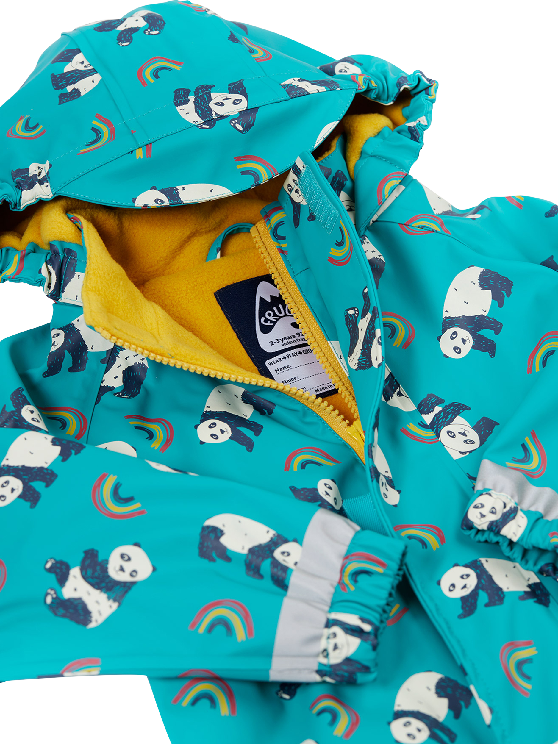 Product image 4 of 6, which shows Frugi Kids' Printed Puddle Buster Waterproof Suit, Panda Play, 6-12 months