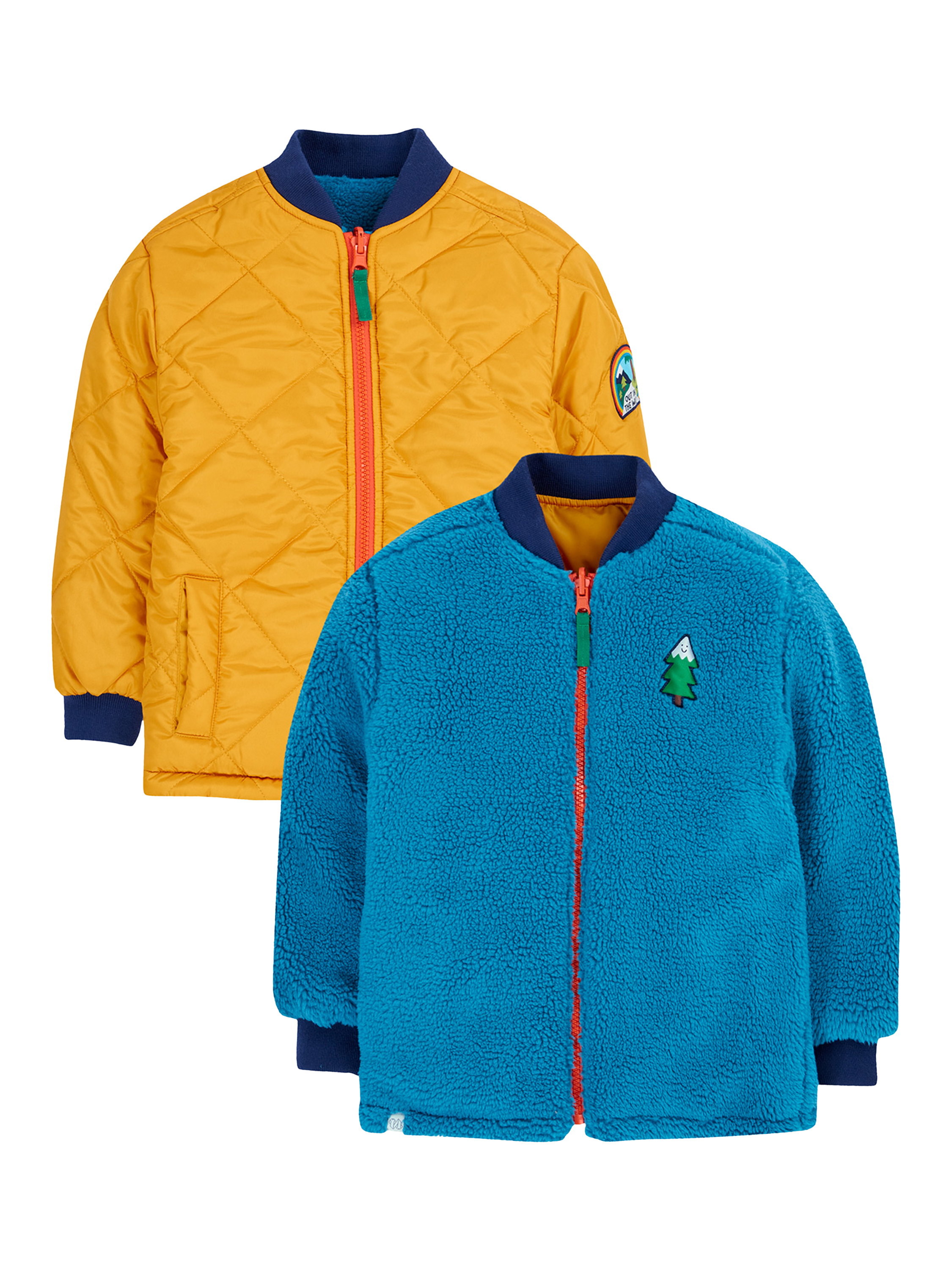 Product image 1 of 8, which shows Frugi Kids' Robin Quilted Reversible Jacket, Gold/Boat Blue, 2-3 years