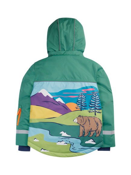 Frugi Kids' Padded Snow and Ski Coat, Green/Mountains - view 2, Green/Mountains