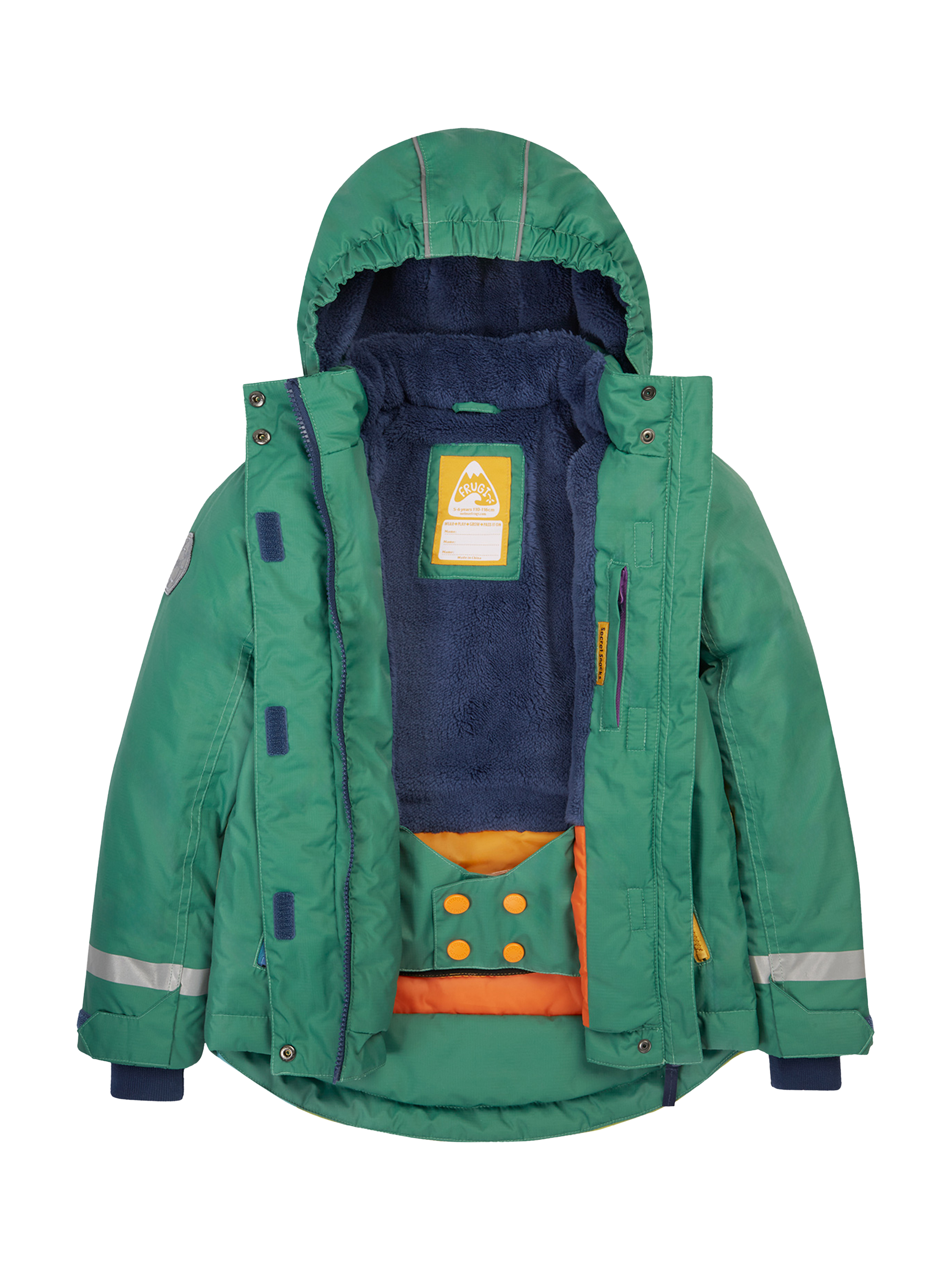 Product image 3 of 7, which shows Frugi Kids' Padded Snow and Ski Coat, Green/Mountains, 1-2 years