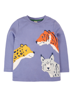 Frugi Kids' Cotton Adventure Applique Long Sleeved T-Shirt, Grape/Big Cats, Grape/Big Cats