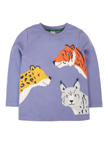 Frugi Kids' Cotton Adventure Applique Long Sleeved T-Shirt, Grape/Big Cats, Grape/Big Cats