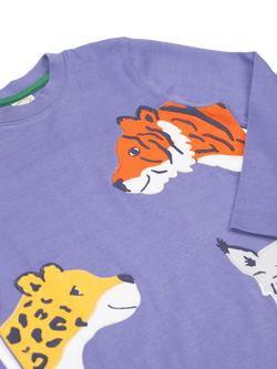 Frugi Kids' Cotton Adventure Applique Long Sleeved T-Shirt, Grape/Big Cats - view 2, Grape/Big Cats