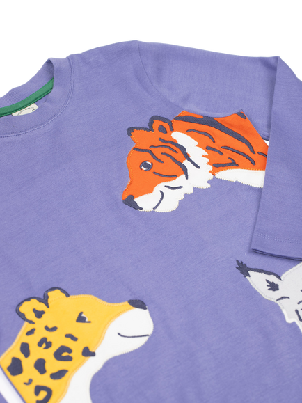 Frugi Kids' Cotton Adventure Applique Long Sleeved T-Shirt, Grape/Big Cats - view 2, Grape/Big Cats