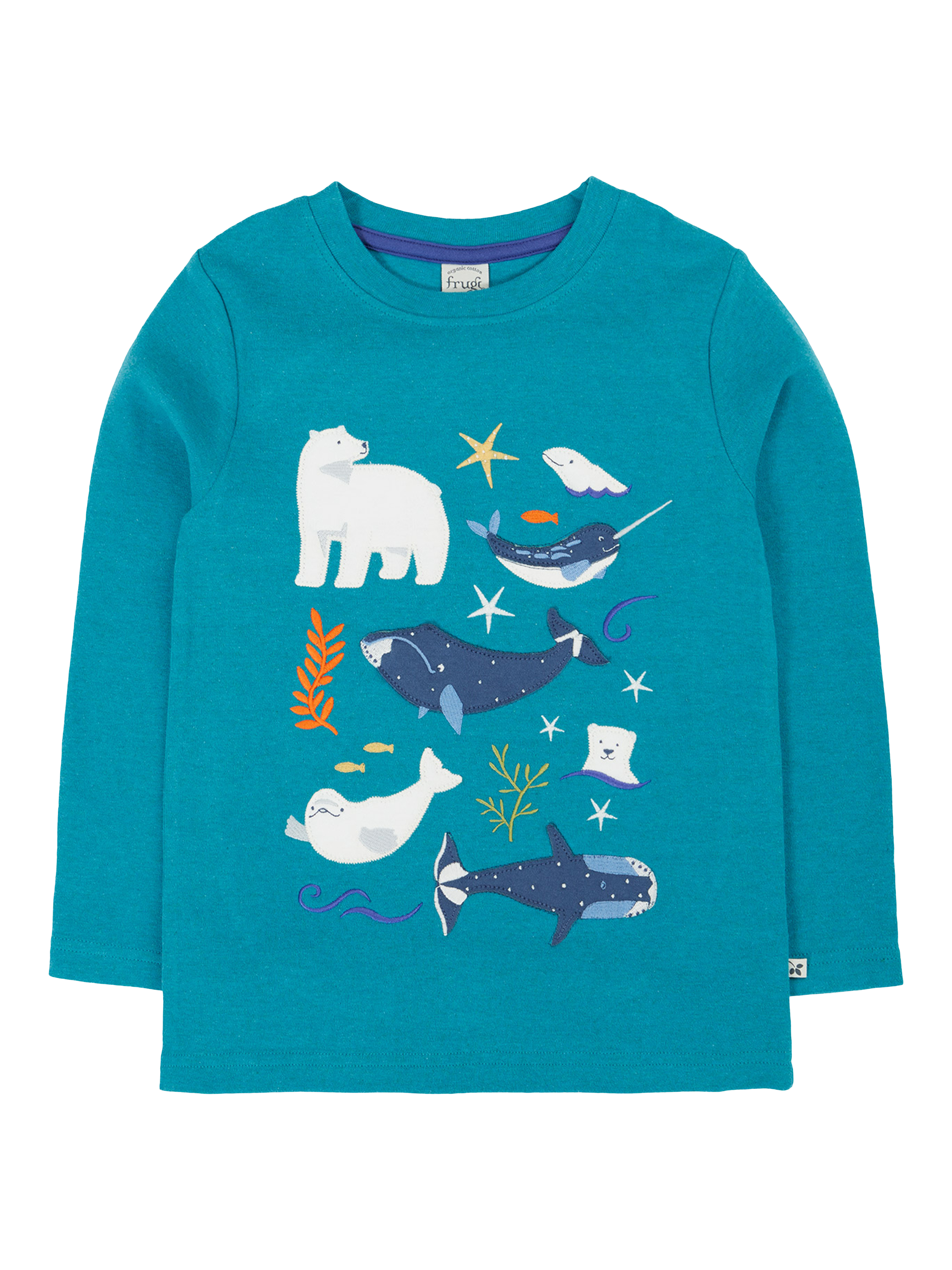 Product image 1 of 3, which shows Frugi Adventure Applique Top, Blue Marl/Arctic, 0-3 months