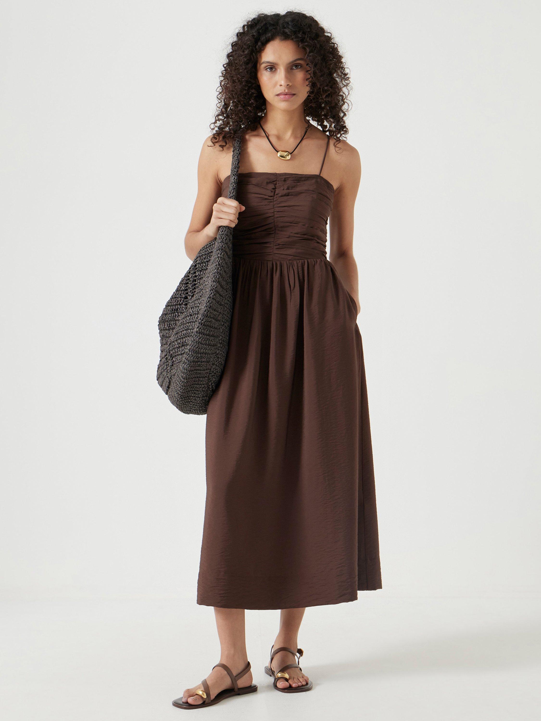 Product image 1 of 5, which shows HUSH Air Flow Strappy Midi Dress, Chocolate Fondant, 12