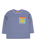 Frugi Kids' Cotton Long Sleeved Padstow Pocket Top, Navy Stripe/Smile