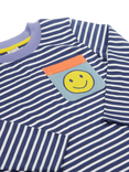 Frugi Kids' Cotton Long Sleeved Padstow Pocket Top, Navy Stripe/Smile