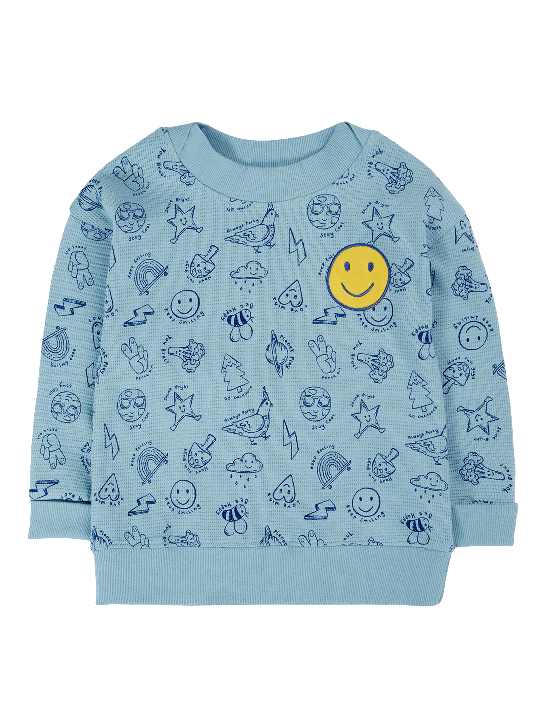 Product image 1 of 3, which shows Frugi Kids' Waffle Cotton Printed Sweatshirt, Blue, 3-6 months