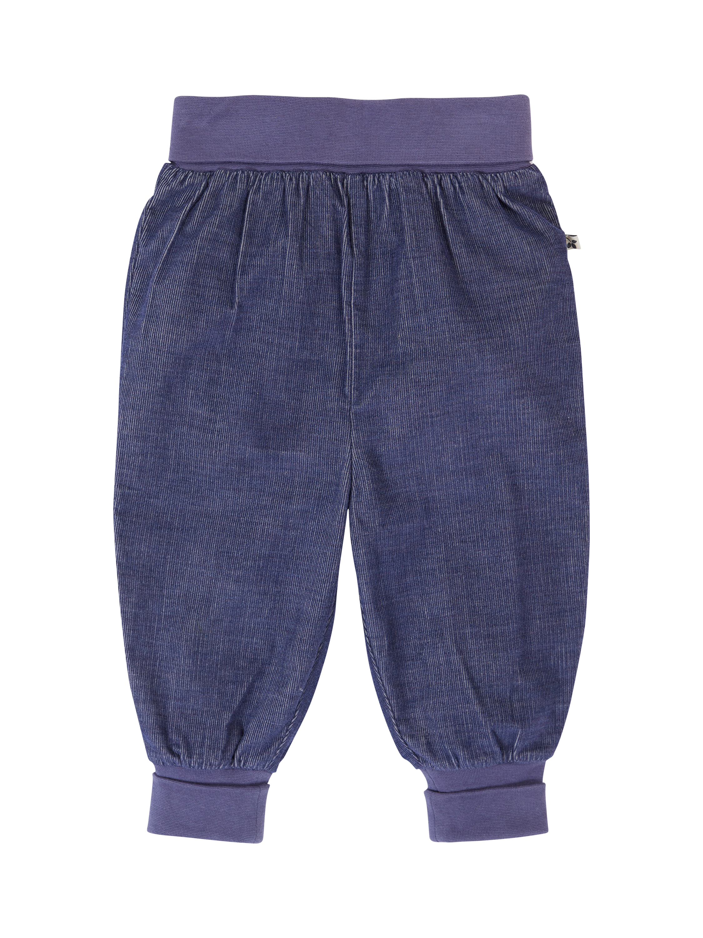 Product image 1 of 4, which shows Frugi Kids' Corduroy Pull Up Trousers, Ink Blue, 0-3 months