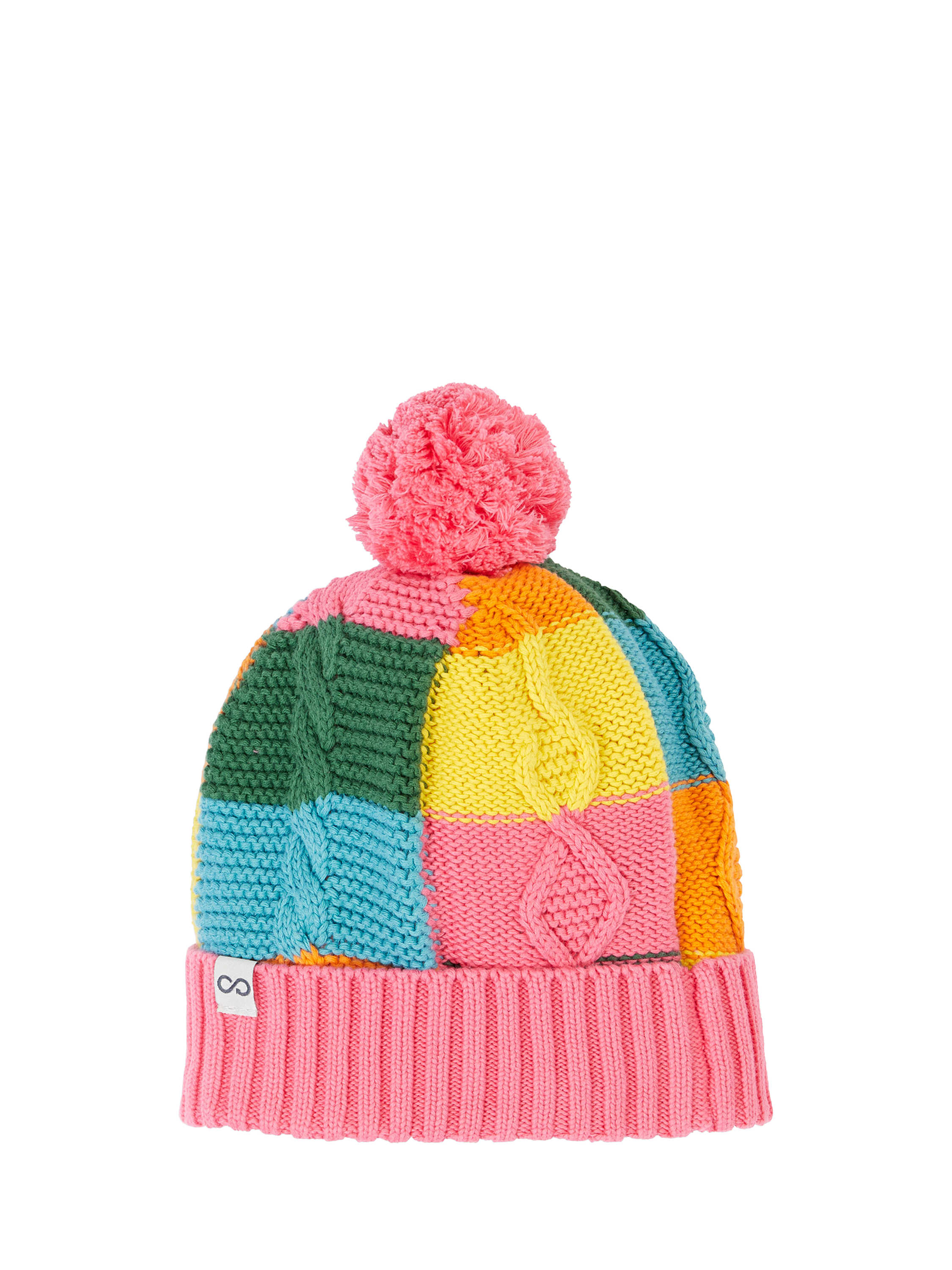 Product image 1 of 3, which shows Frugi Kids' Cotton Cable Knit Bobble Hat, Rainbow Check, 2-6 years