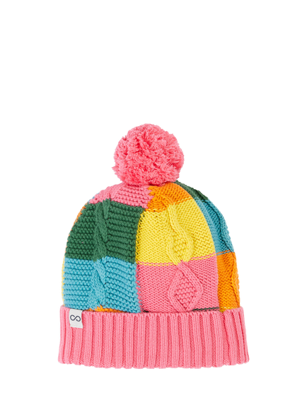 Frugi Kids' Cotton Cable Knit Bobble Hat, Rainbow Check, Rainbow Check