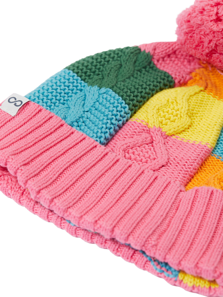 Frugi Kids' Cotton Cable Knit Bobble Hat, Rainbow Check - view 2, Rainbow Check