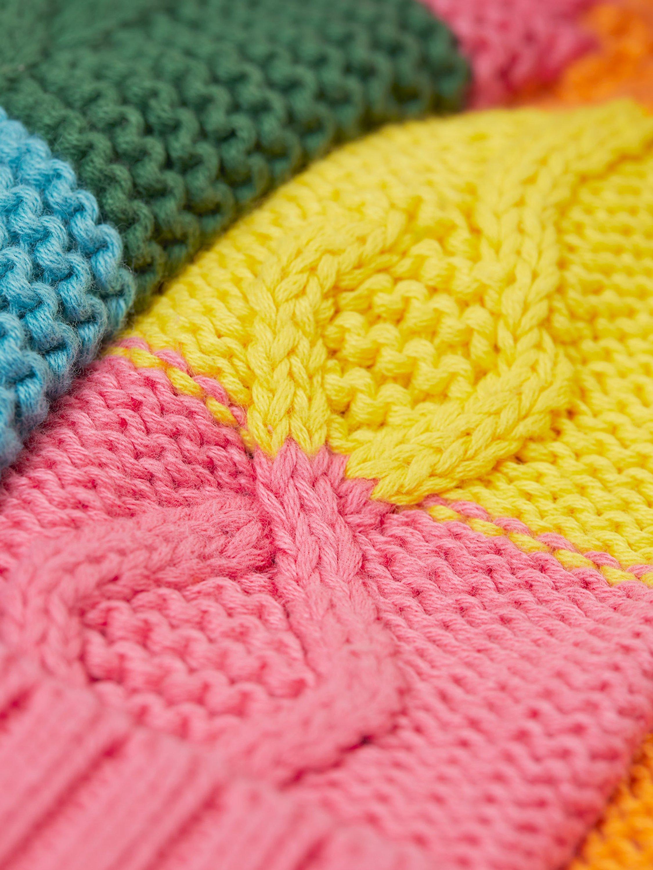 Product image 3 of 3, which shows Frugi Kids' Cotton Cable Knit Bobble Hat, Rainbow Check, 2-6 years